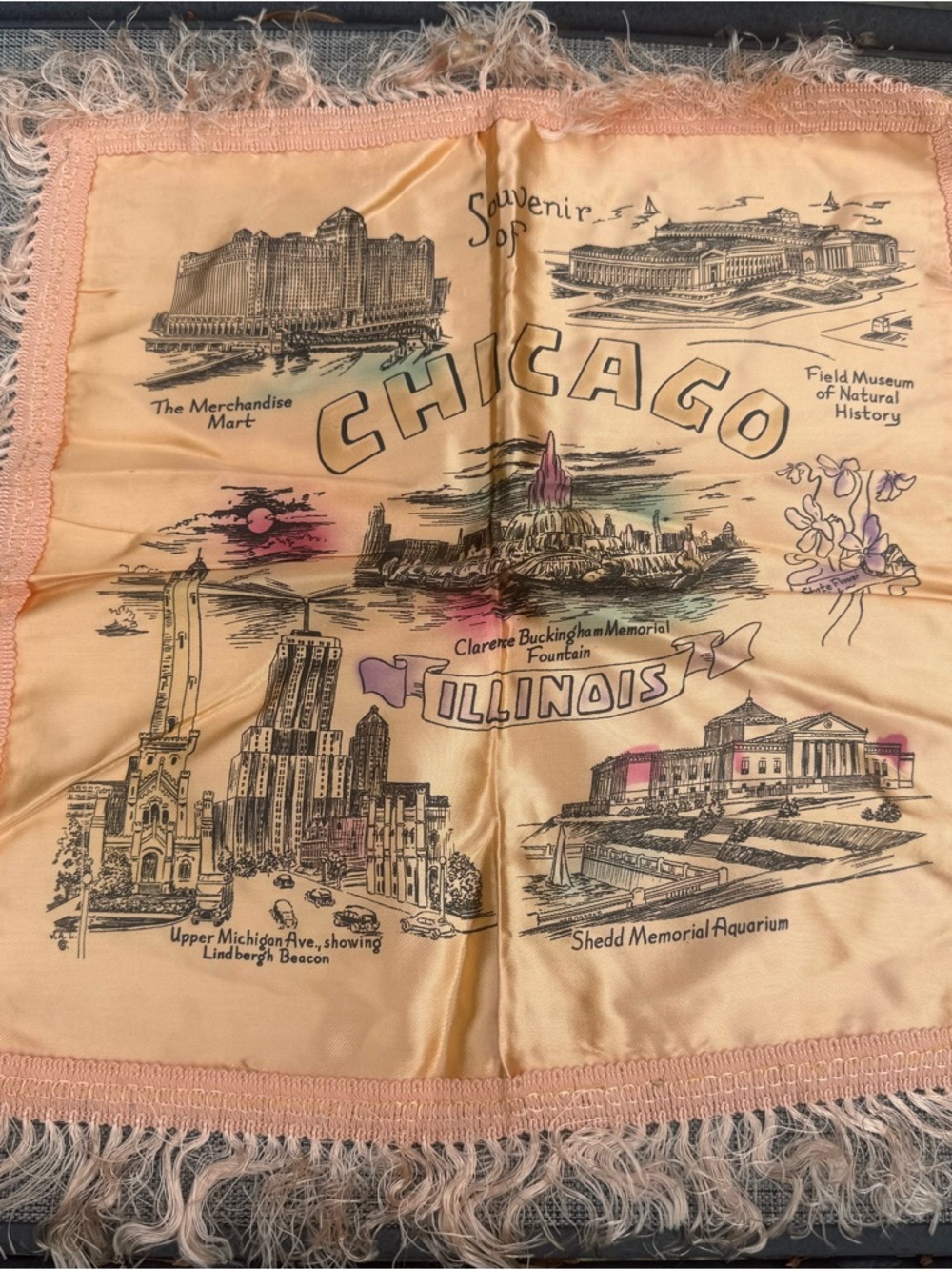 Vintage 1940s Chicago, Illinois Peach Souvenir Silk Pillow Cover 17”